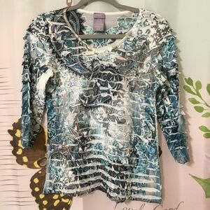 Laura Scott Women’s Knit Ruffle Top Size Medium Petite Blue Abstract